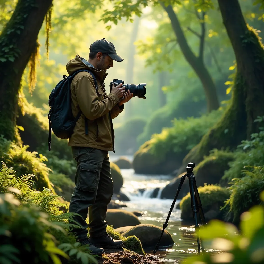 Photographer Inspecting DSLR in Lush Outdoor Oasis