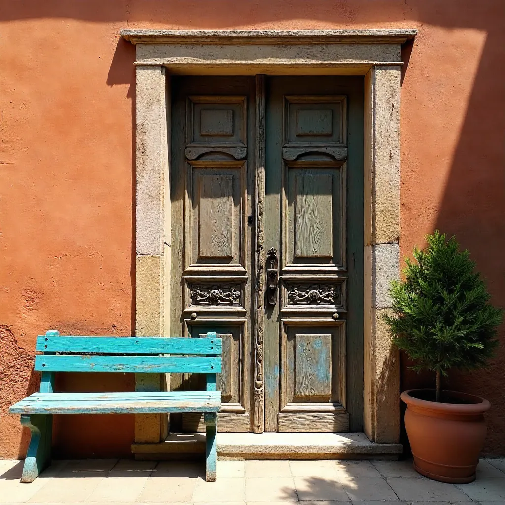 Charming Vintage Door on Terracotta Wall with Blue Bench
