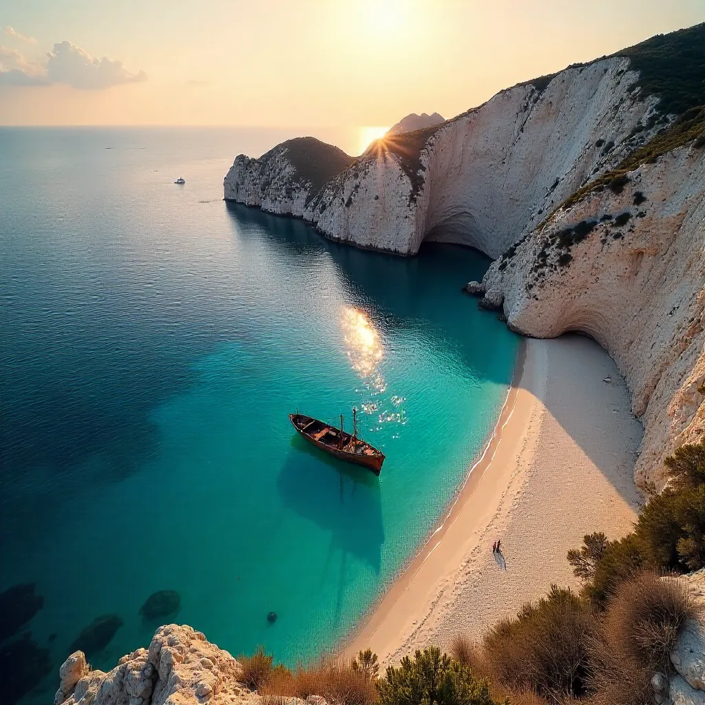 Aerial Glory: Navagio Beach Shipwrecks Over Turquoise Aegean