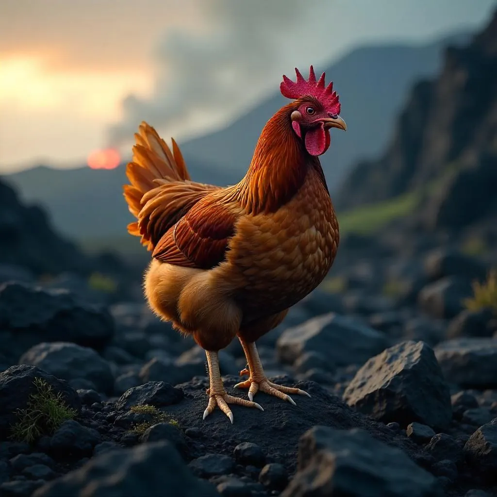 Photorealistic Chicken on Volcanic Rocks at Dusk