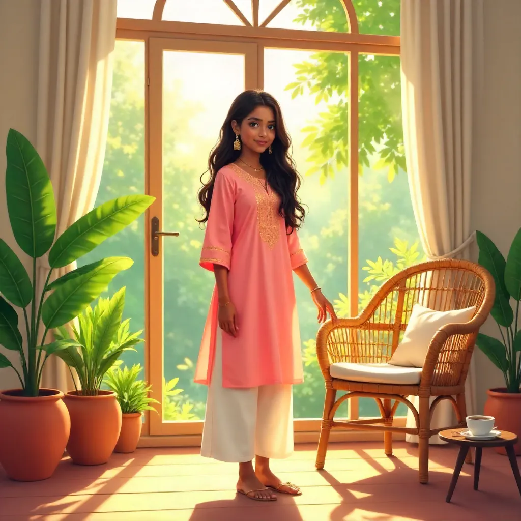 Sunlit Anime Portrait: Indian Girl in a Sunroom