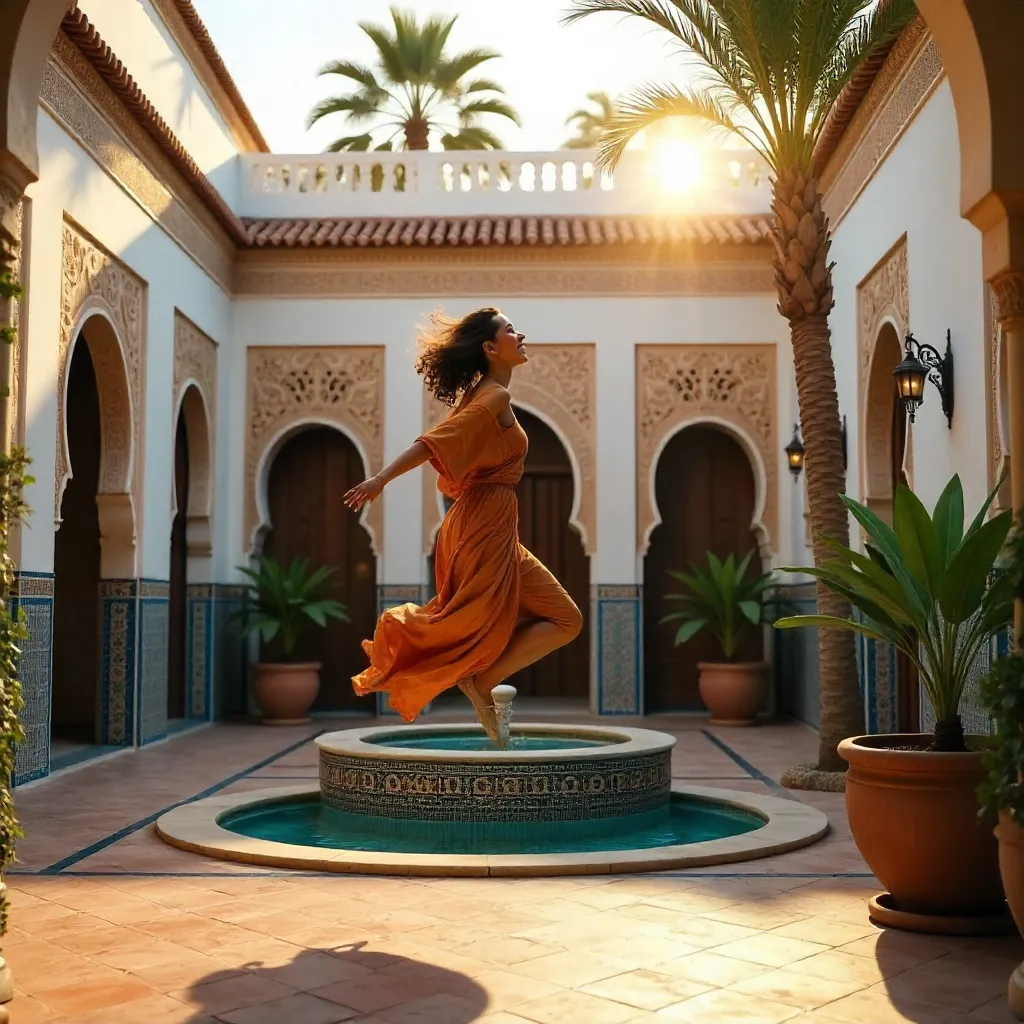 Joyful Leap Amid Moroccan Courtyard