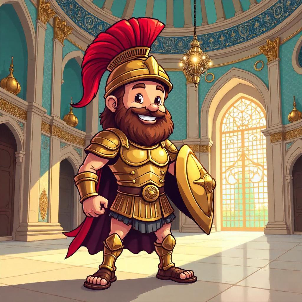 Whimsical Gladiator in a Grand Mosque – Cartoon Style