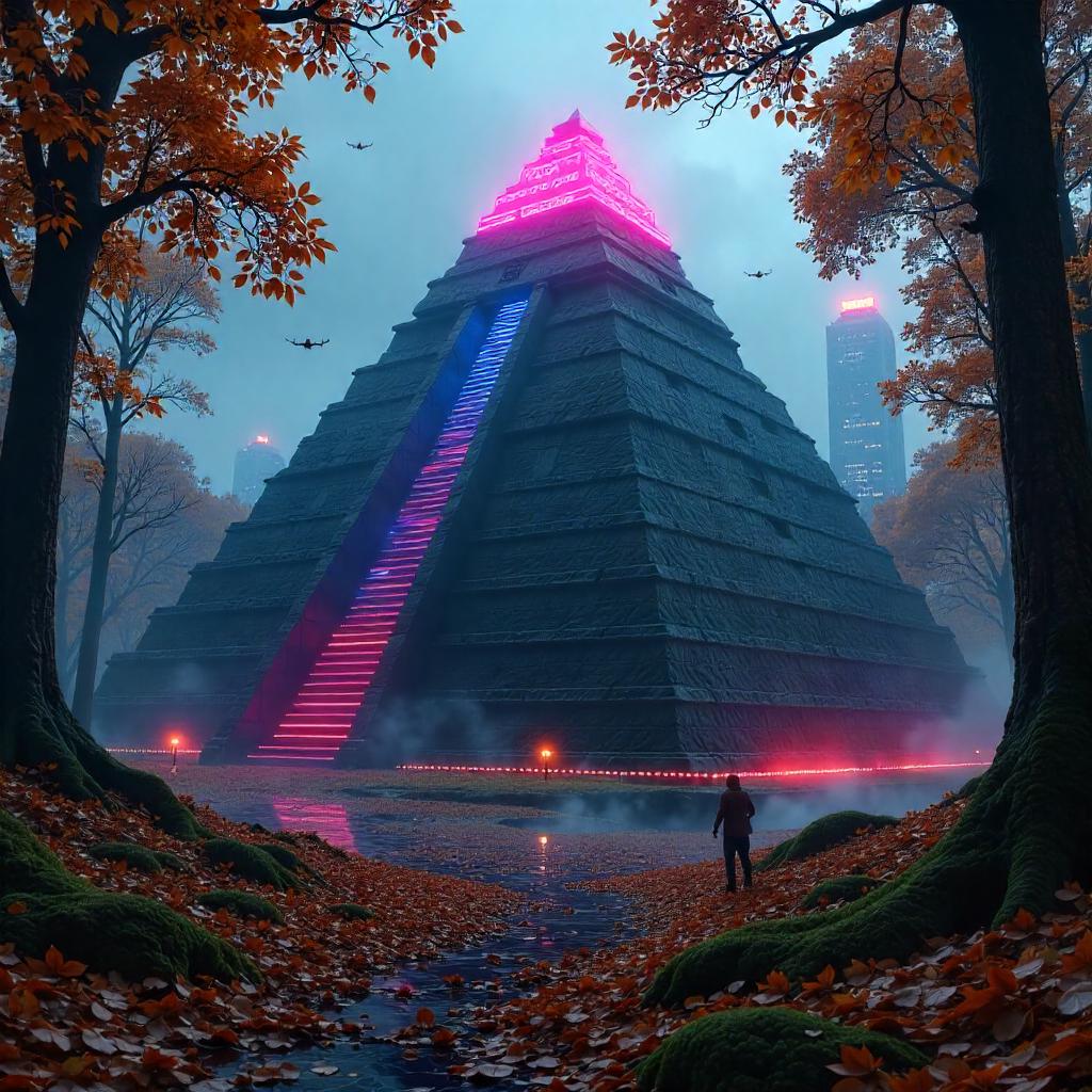 Neon Pyramid in an Autumn Forest