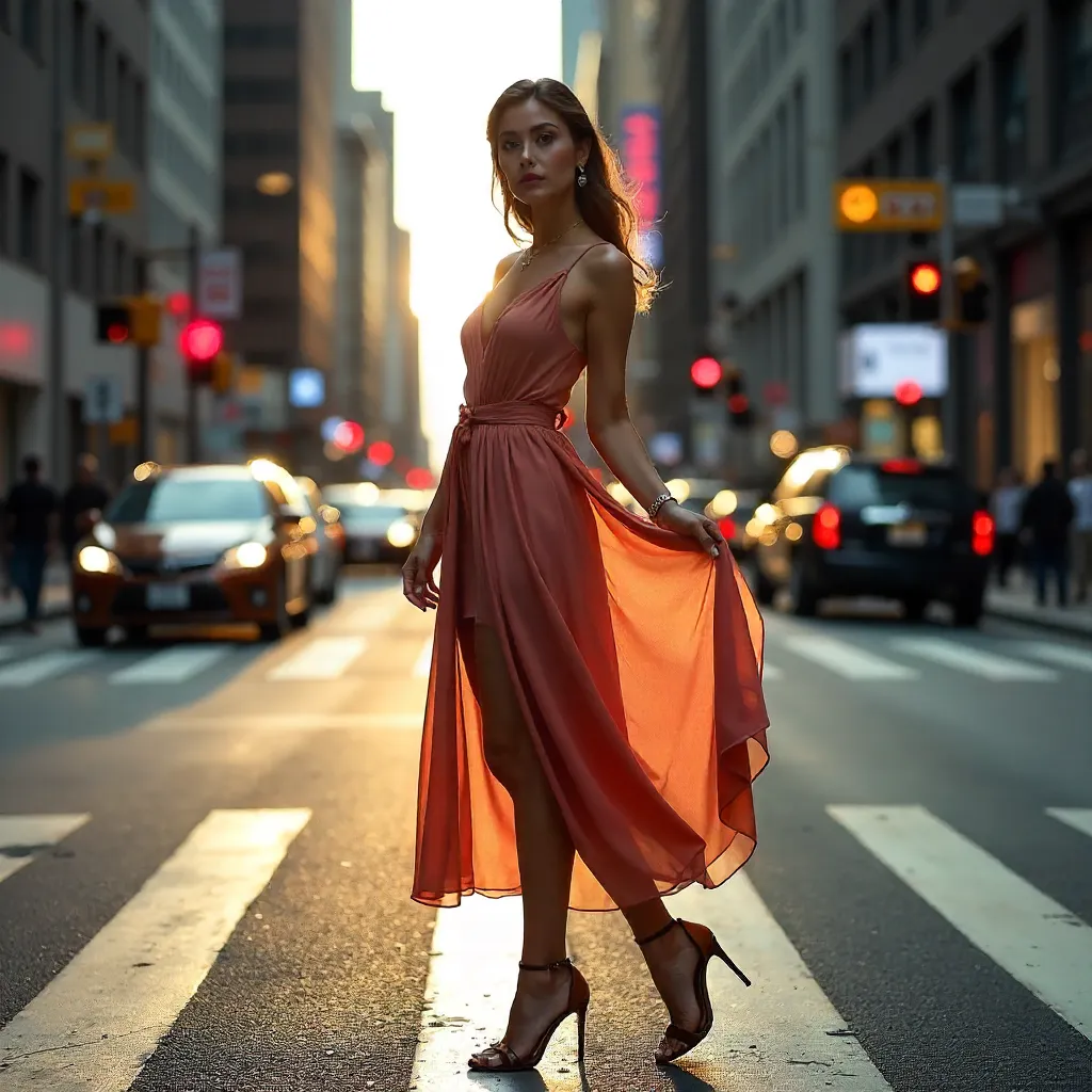 Urban Elegance: Sheer Dress at a Busy Intersection