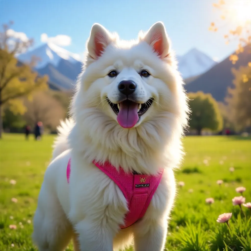 Sunny Peruvian Park: Smiling Samoyed in Pink Harness