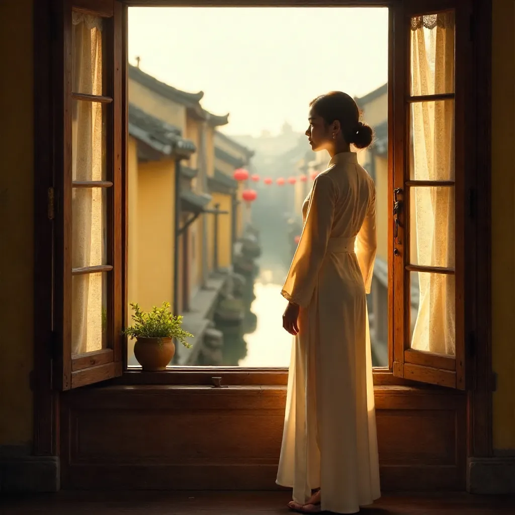 Graceful Ao Dai by a Window in Hoi An