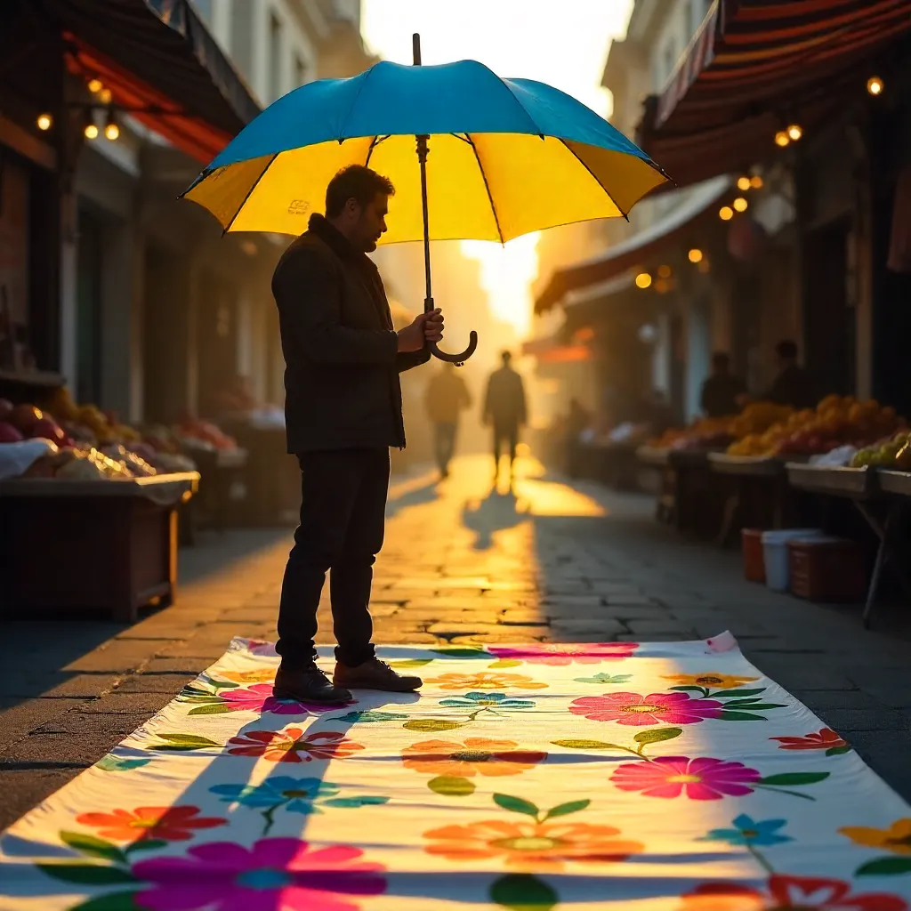 Silhouette Under a Vivid Umbrella at the Market