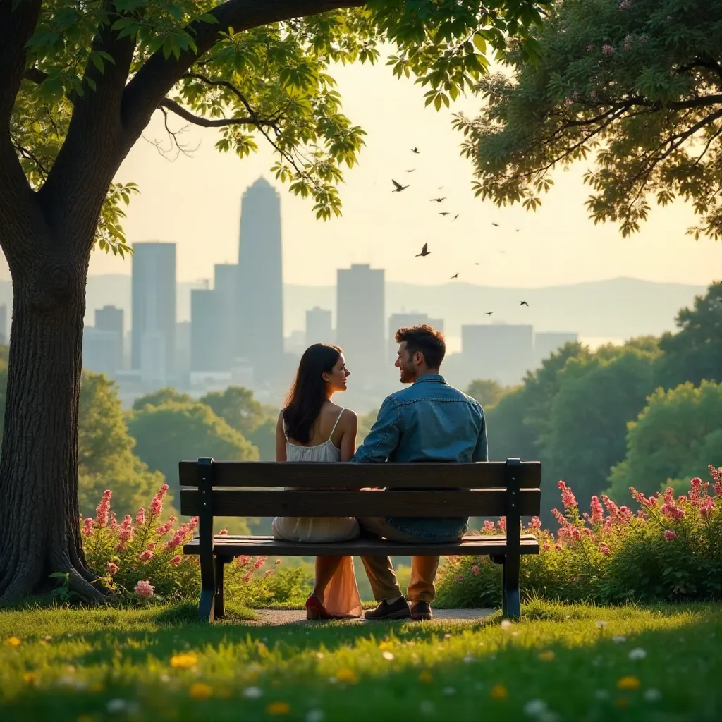 Sunlit Park Overlook: Young Couple in Green City Vista