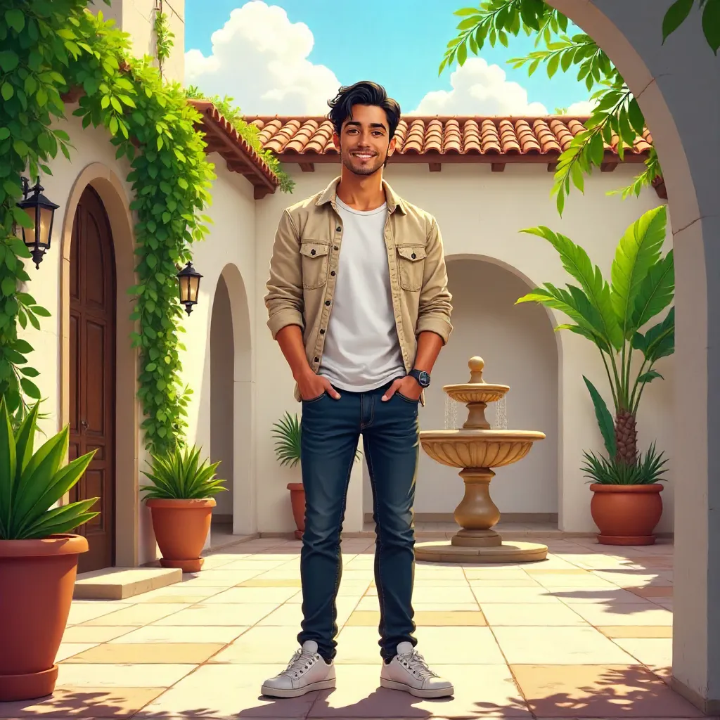 Latino Anime Hero in a Sunlit Courtyard