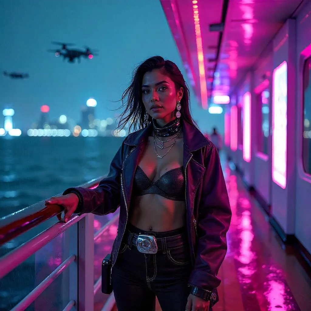 Cyberpunk Latina on a Neon Cruise Deck