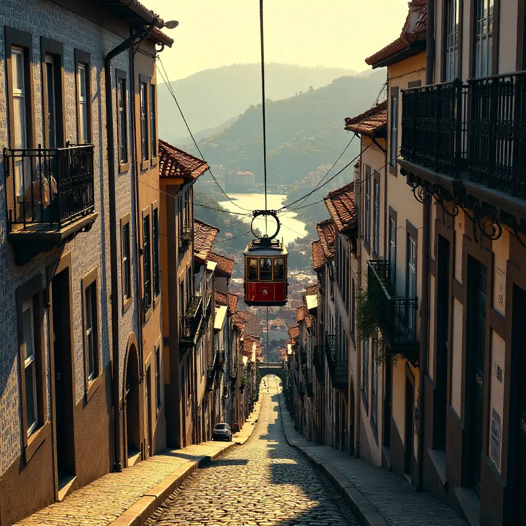 Cable Car Between Porto's Traditional Facades