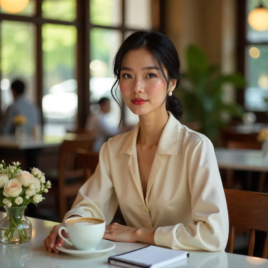 Elegant Asian Woman in a Sunlit Café