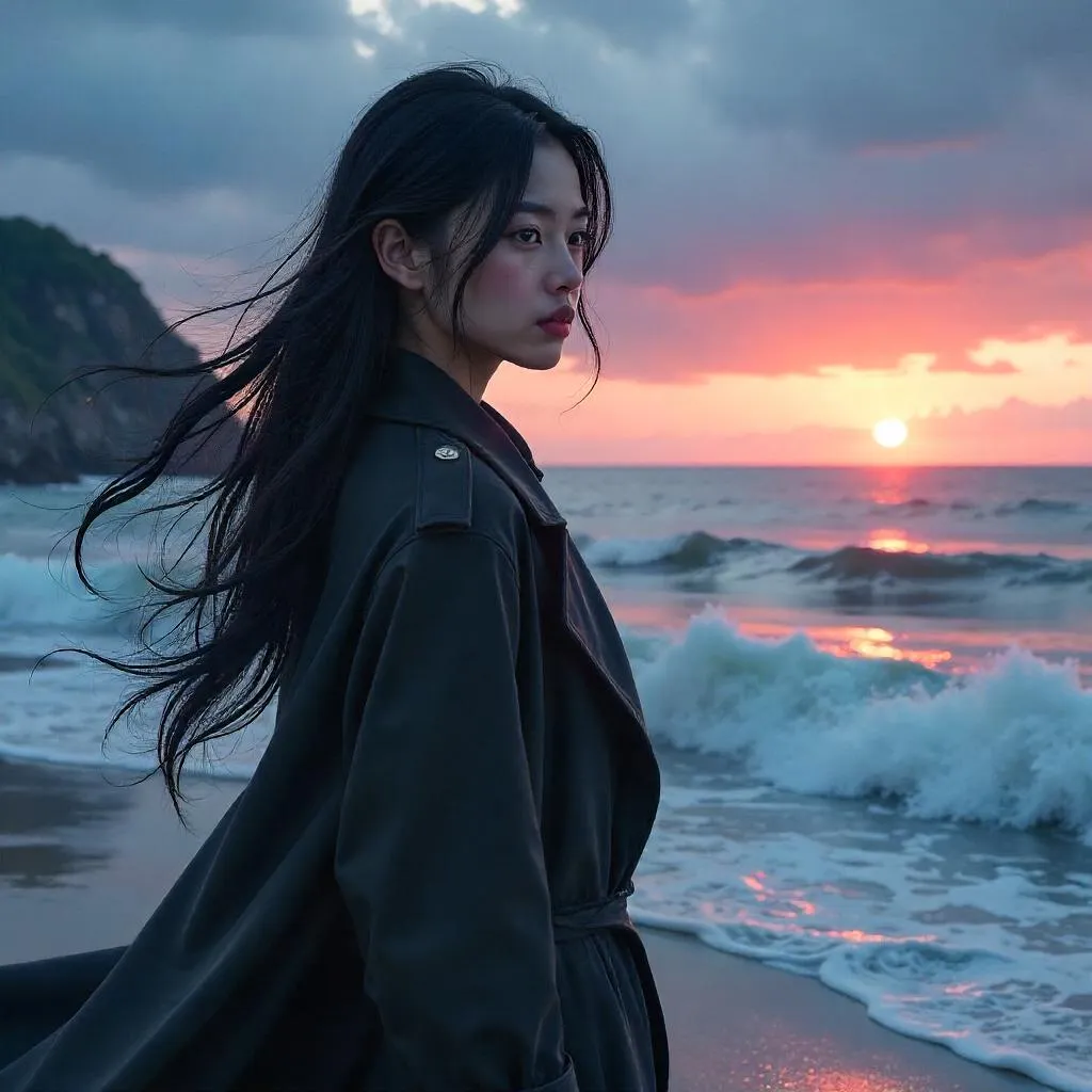 Ocean-edge Concept Art of a Young Asian Woman