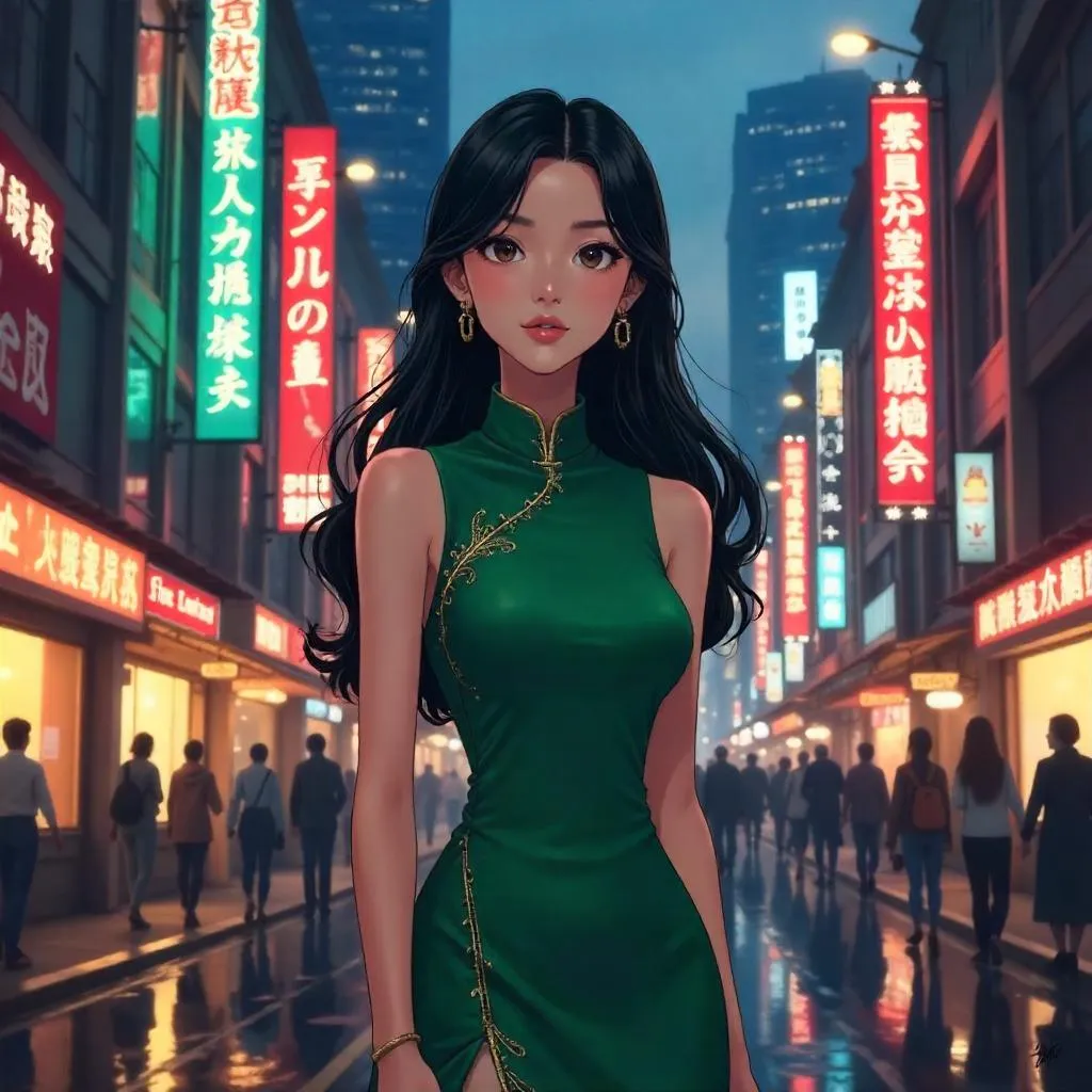 Downtown Neon Elegance in Anime Style