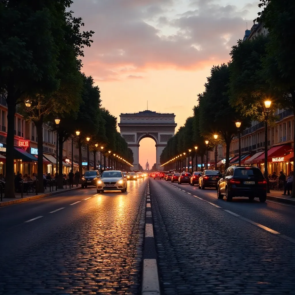 Sunset Street View: Arc de Triomphe, Paris at Dusk