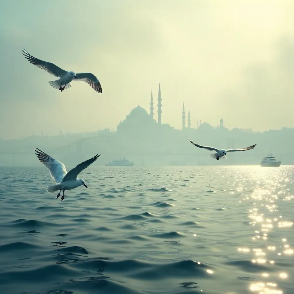 Seagulls over foggy Istanbul Bosphorus