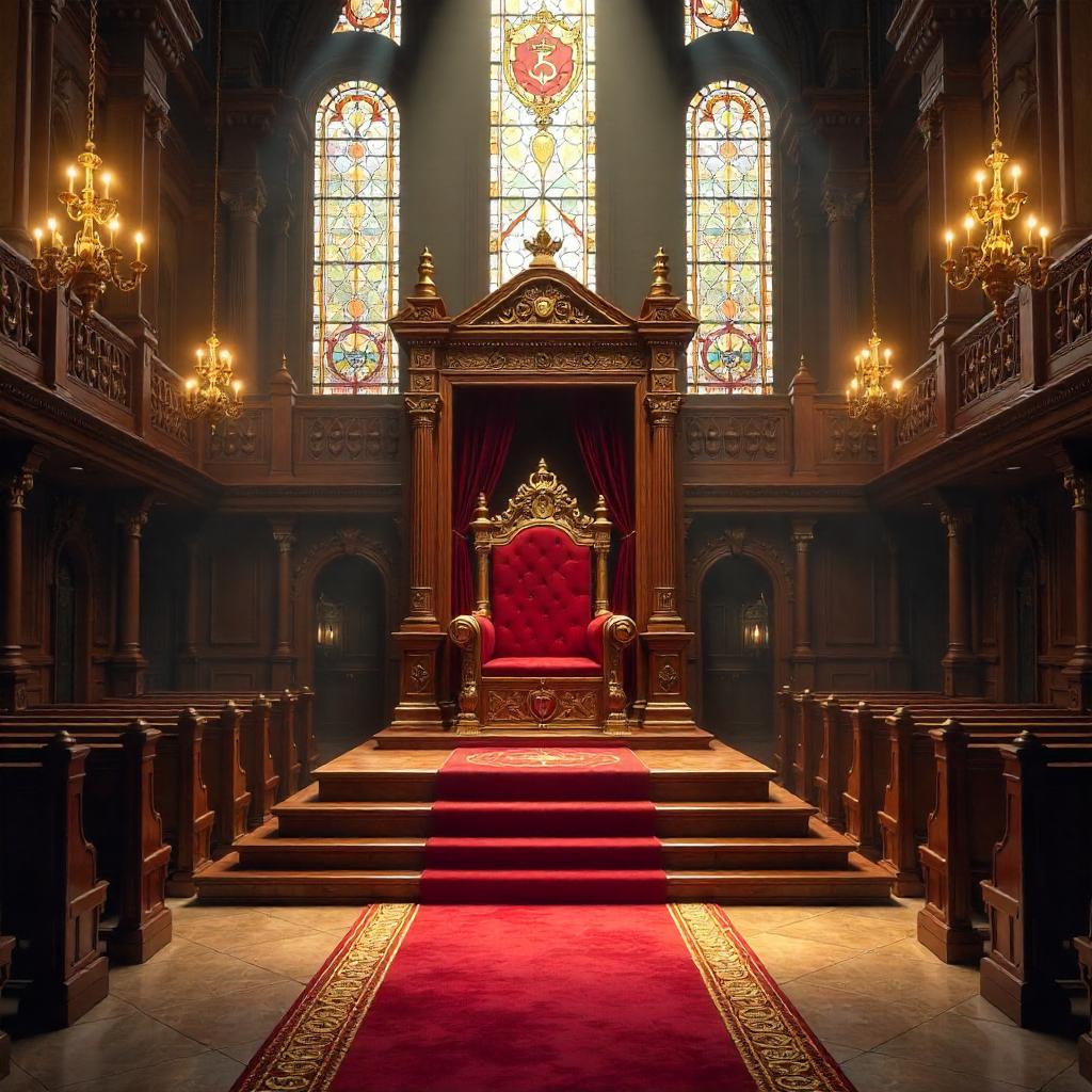 Ornate throne on a dais in a grand synagogue - 3D render