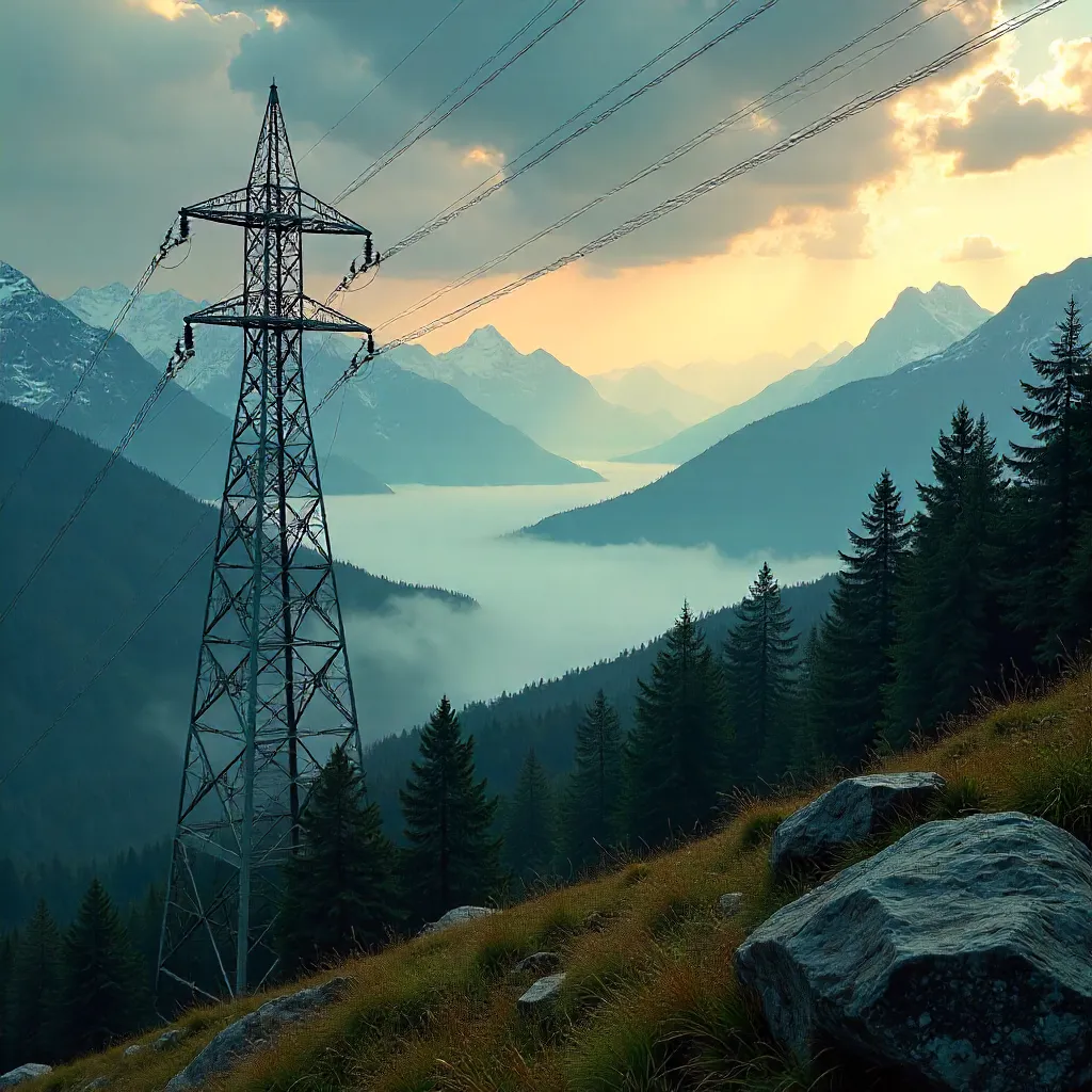 Mist-Laden Swiss Landscape with Towering Pylon