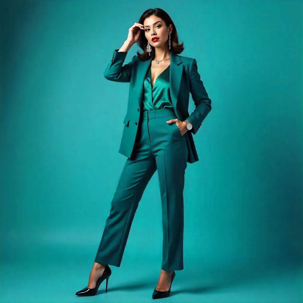Teal Ensemble Editorial Pose in Blue Backdrop