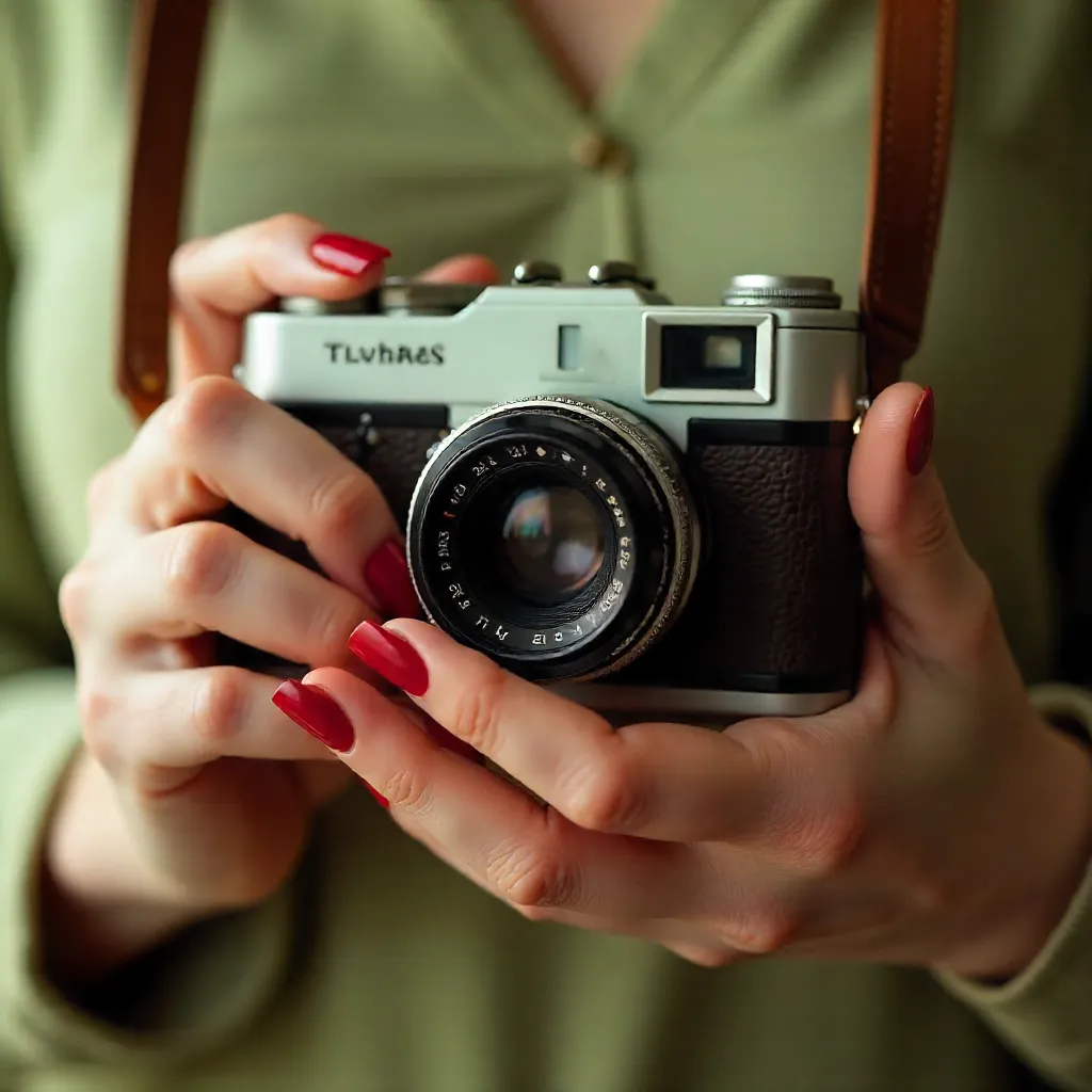 Aesthetic Close-Up: Red Nails & Vintage Camera