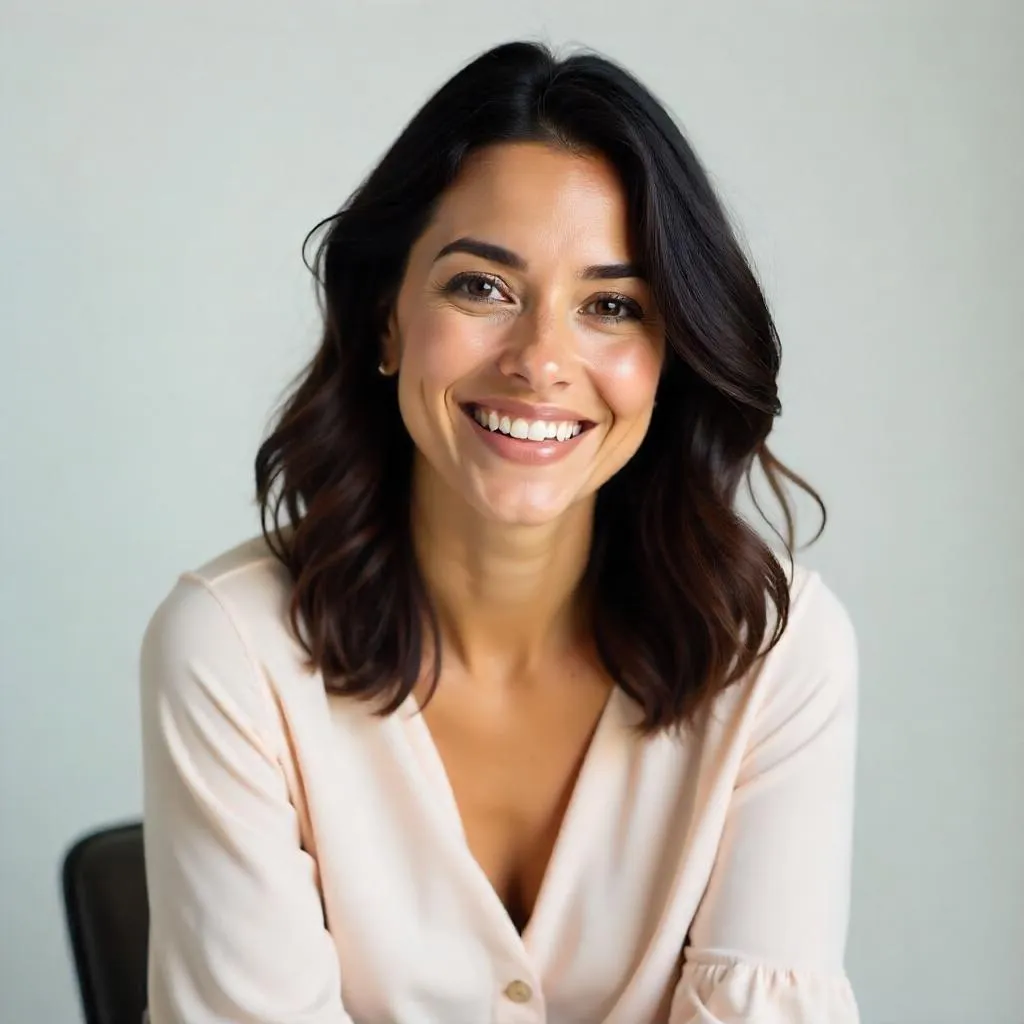 Cheerful Latina Studio Portrait, Photorealistic