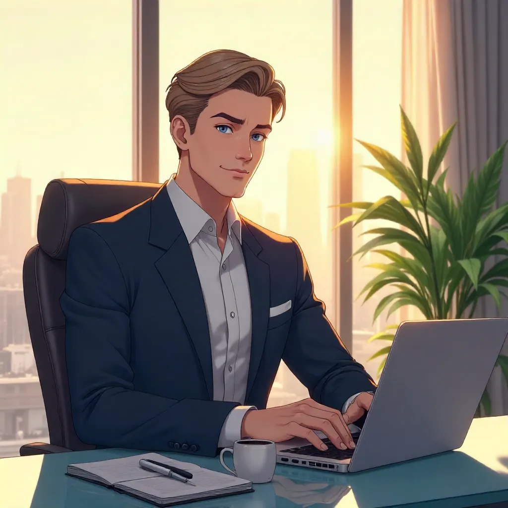 Elegant Anime Office Gentleman in Modern Workspace