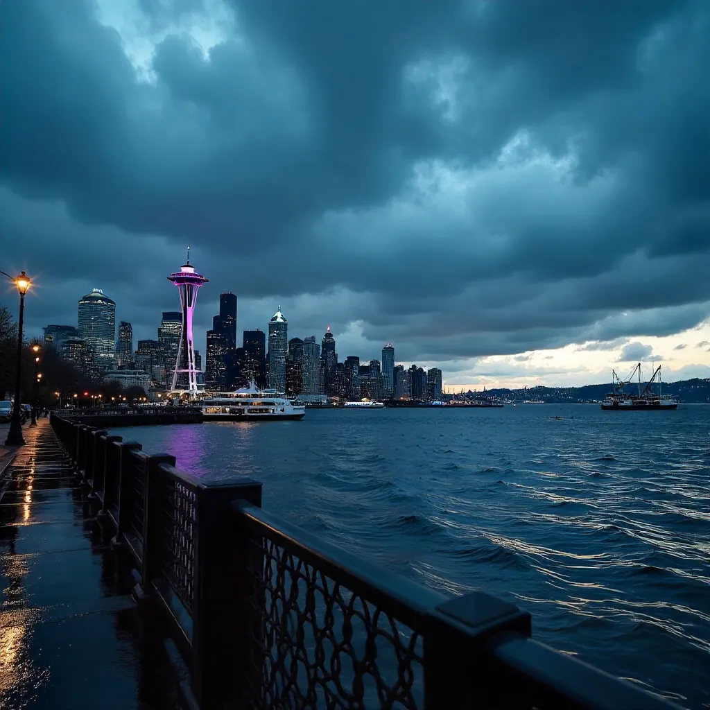 Moody Seattle Skyline Over Stormy Waterfront