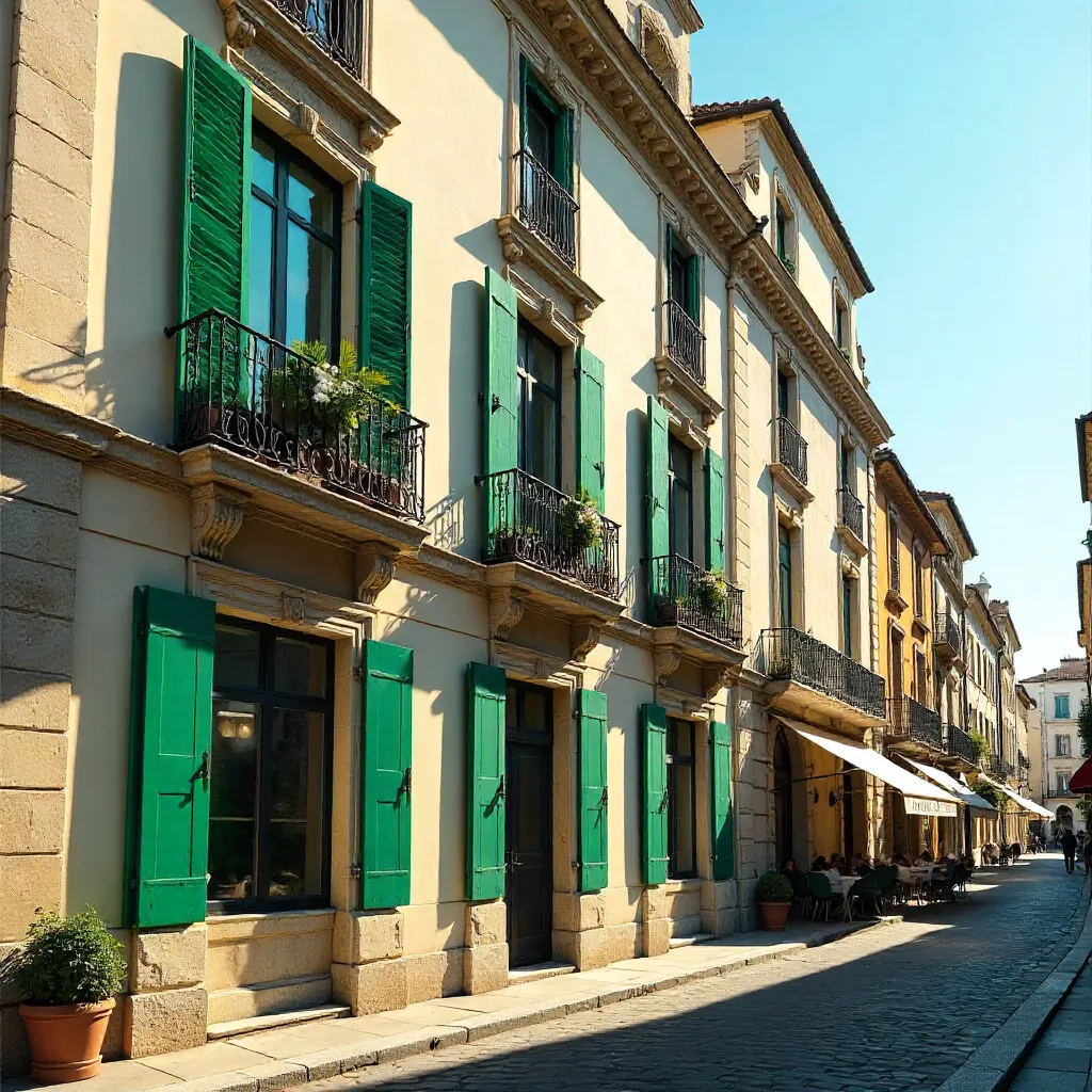 European Facade with Prominent Green Shutters