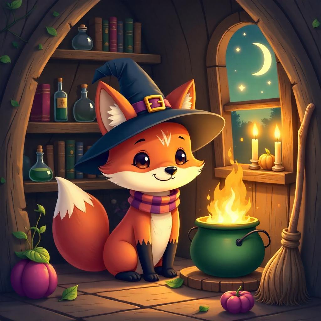 Fox in a Cozy Witch Hut - Cartoon Illustration