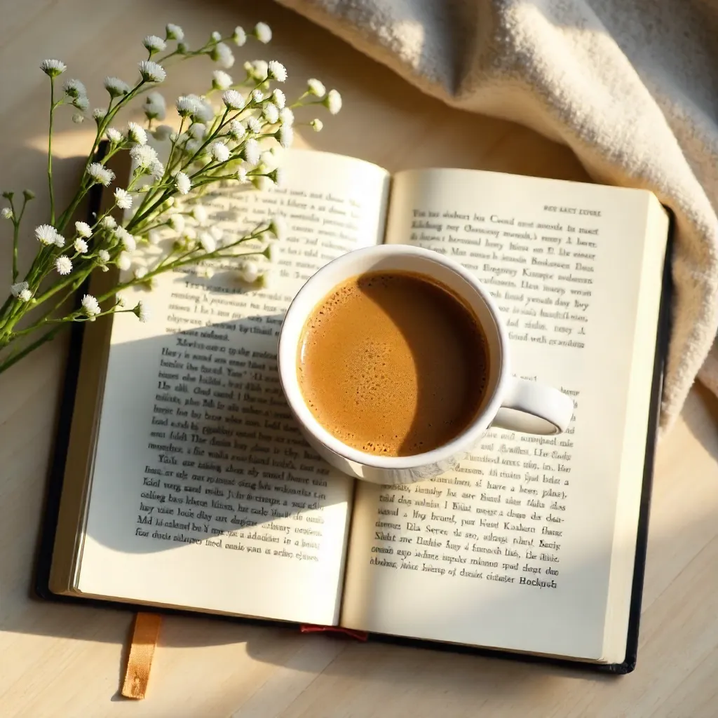 Cozy Flat Lay: Coffee, Open Book, White Flowers