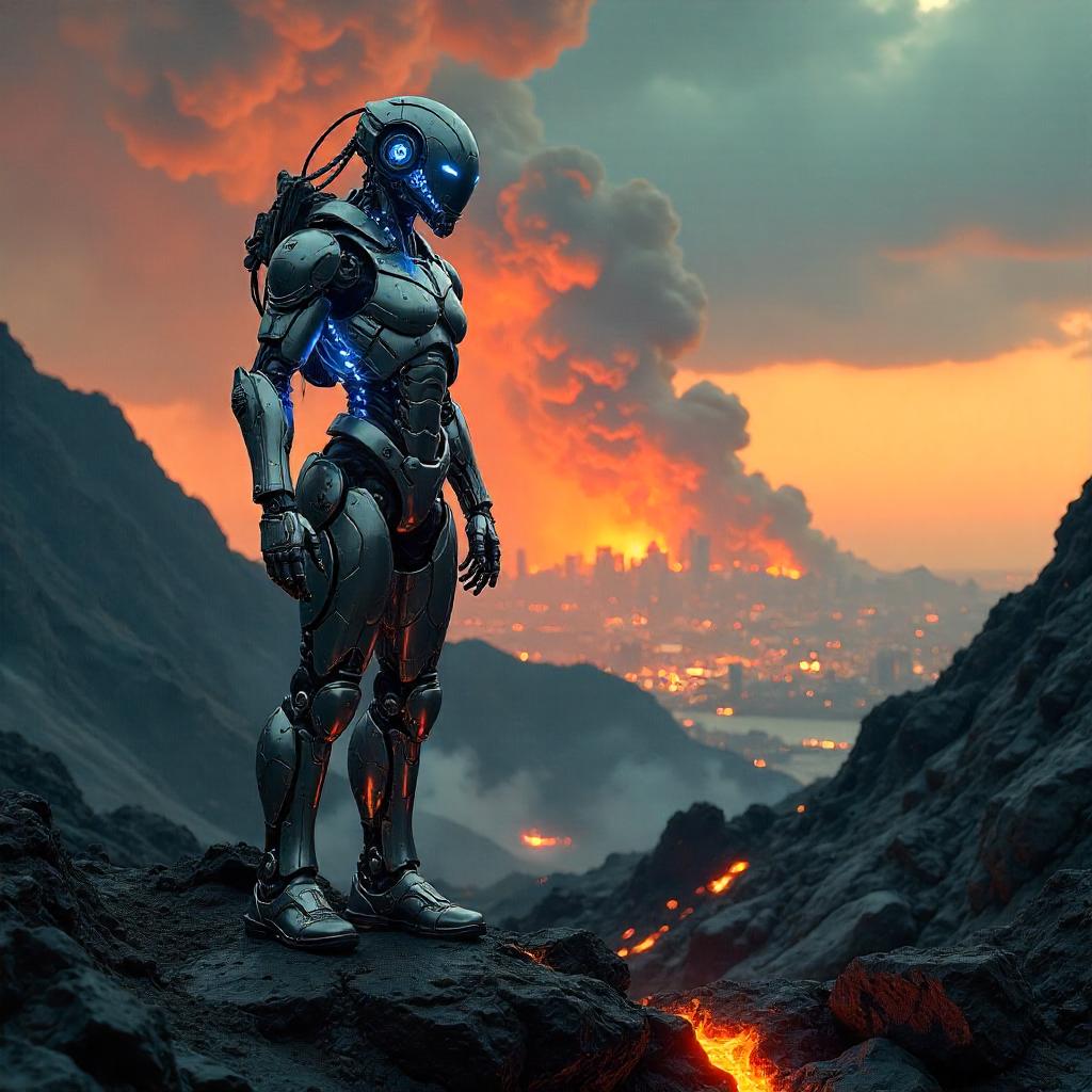 Android on Volcanic Rocks in Neon Dystopia