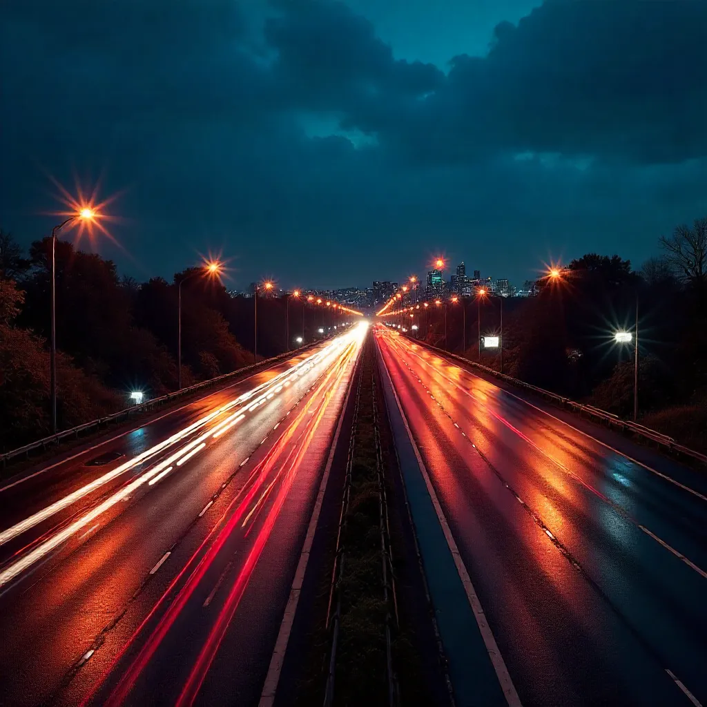 Neon Night Highway: Blurred Motion and City Lights