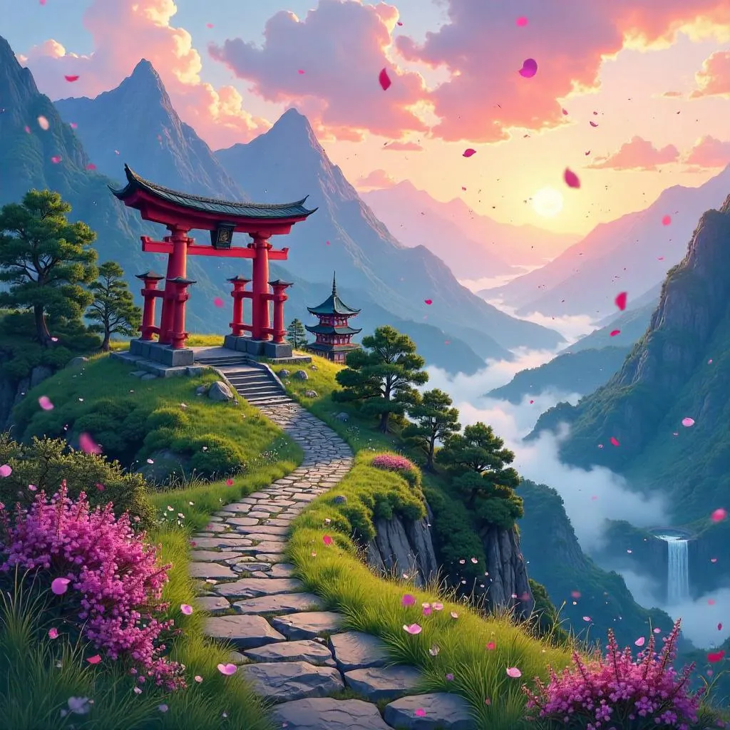 Mist-veiled Highland Temple in Anime Style