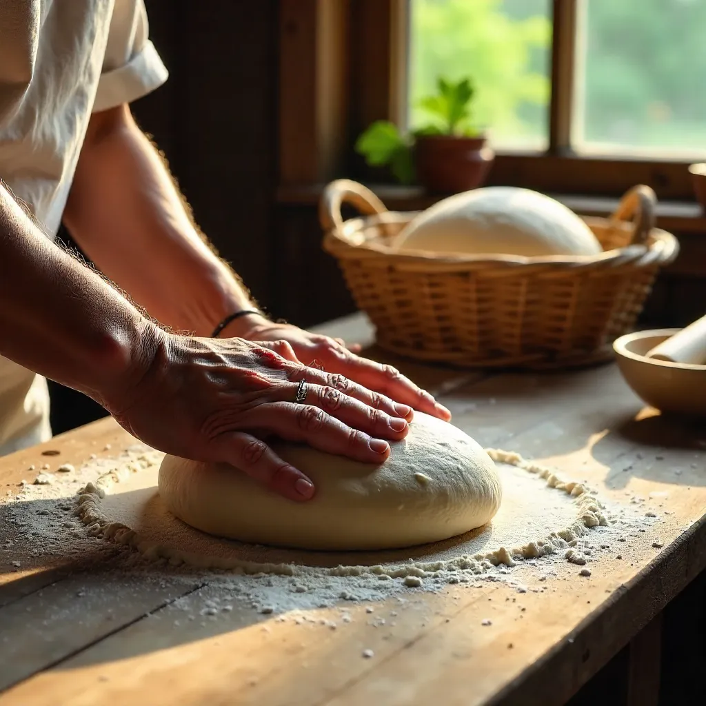 Hands Rolling Dough on Rustic Wooden Surface