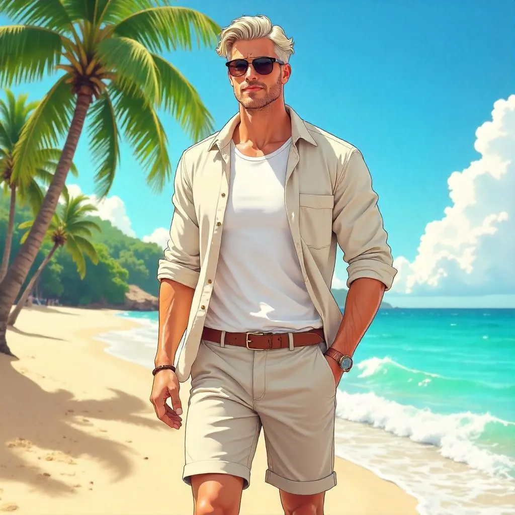 Stylish White Man on a Sunny Anime Beach