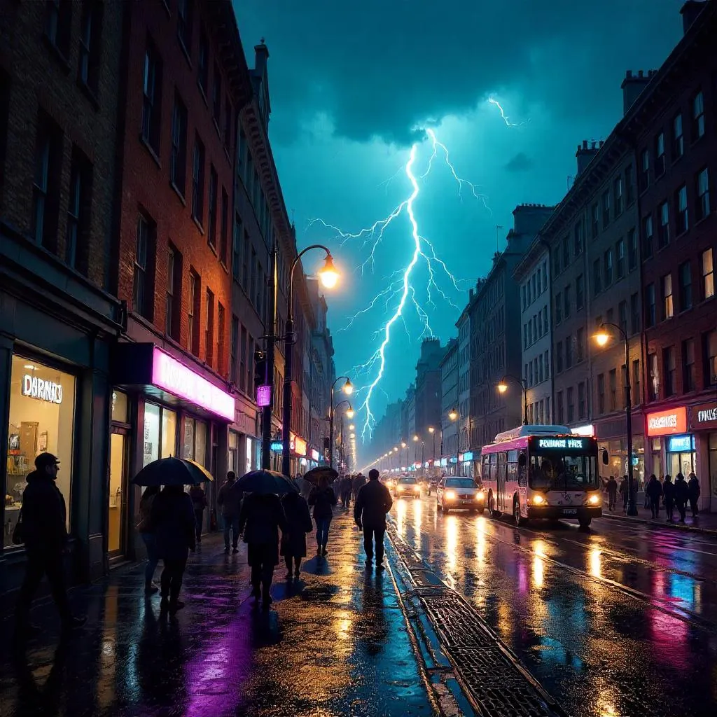 Photorealistic Lightning Strikes Over a Busy City Street