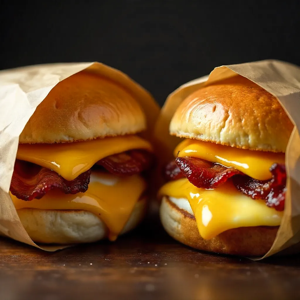 Close-Up Breakfast Sandwiches in Brown Paper Wrap