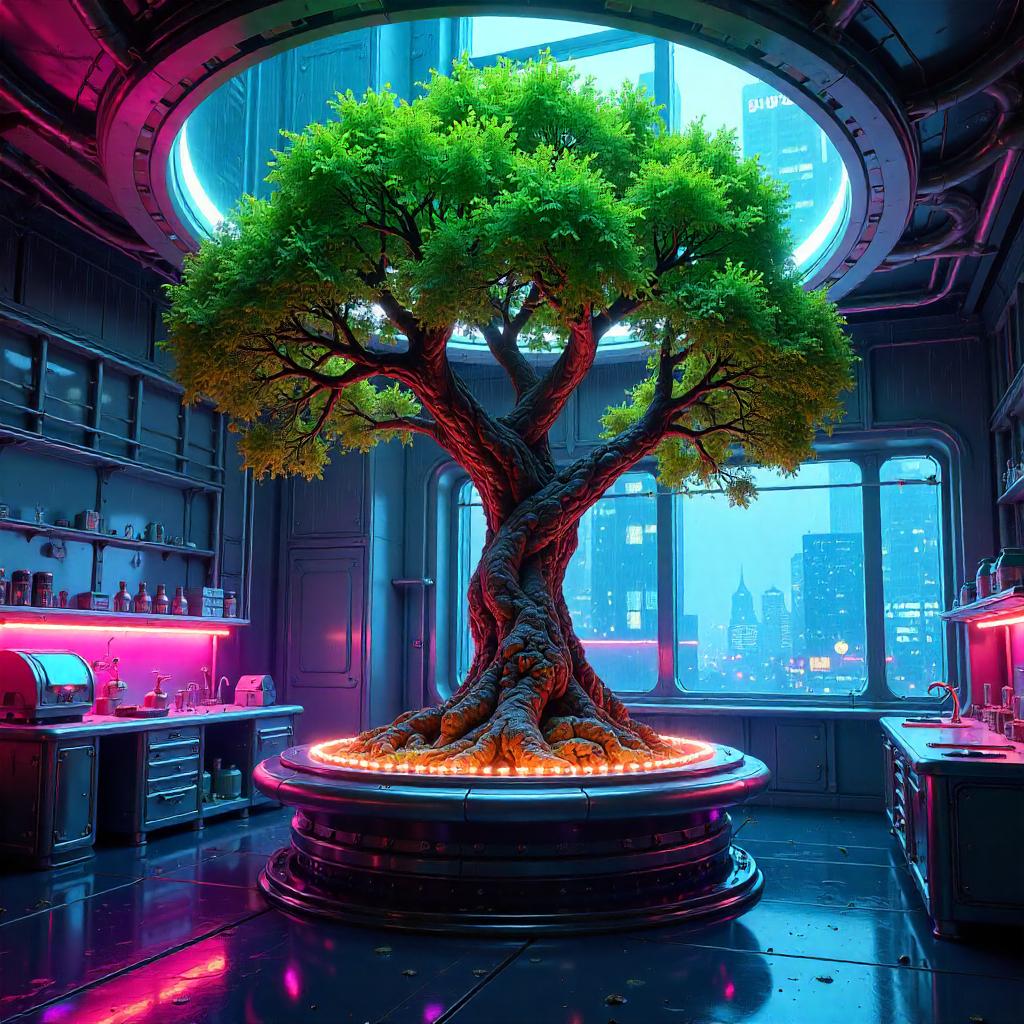 Neon Cyberpunk Tree in a Biotech Lab