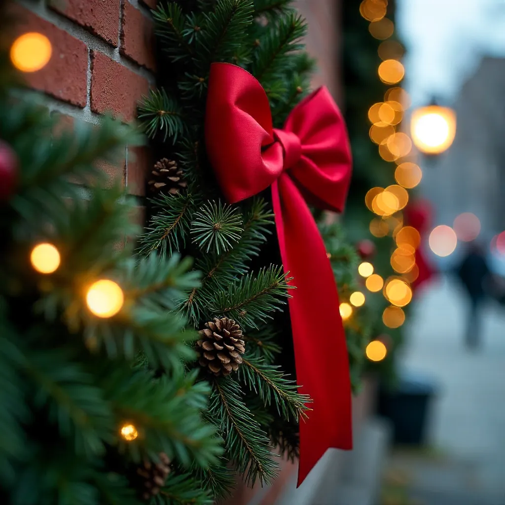Close-Up Holiday Garland with Red Bow on Building Corner