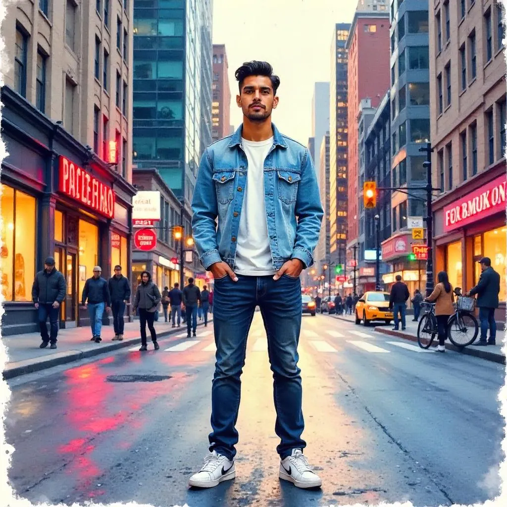 Downtown Watercolor Portrait of a Young Latino Man
