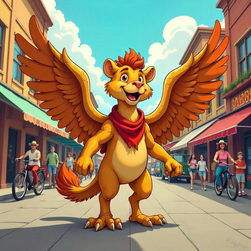 Cartoon Griffin in a Bustling City Street