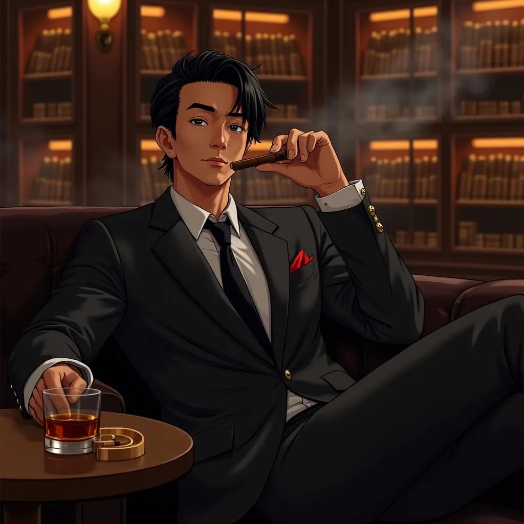 Anime Style: Stylish Asian Man in a Cigar Lounge