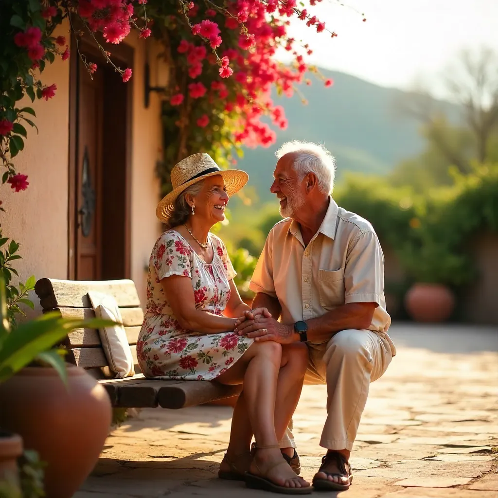 Serene Rosamorada Portrait: Elderly Couple in Sunset Garden