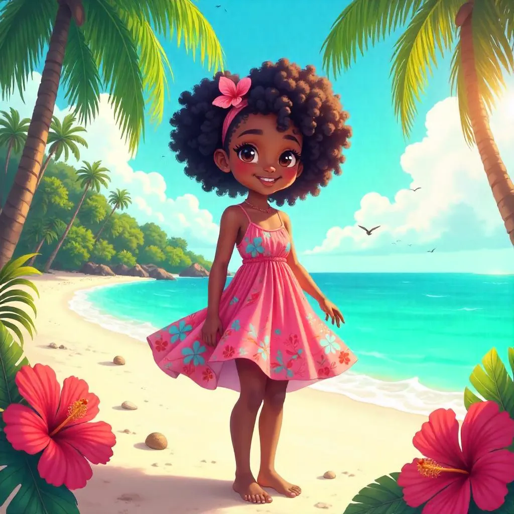 Cheerful Black Girl in a Tropical Anime Paradise