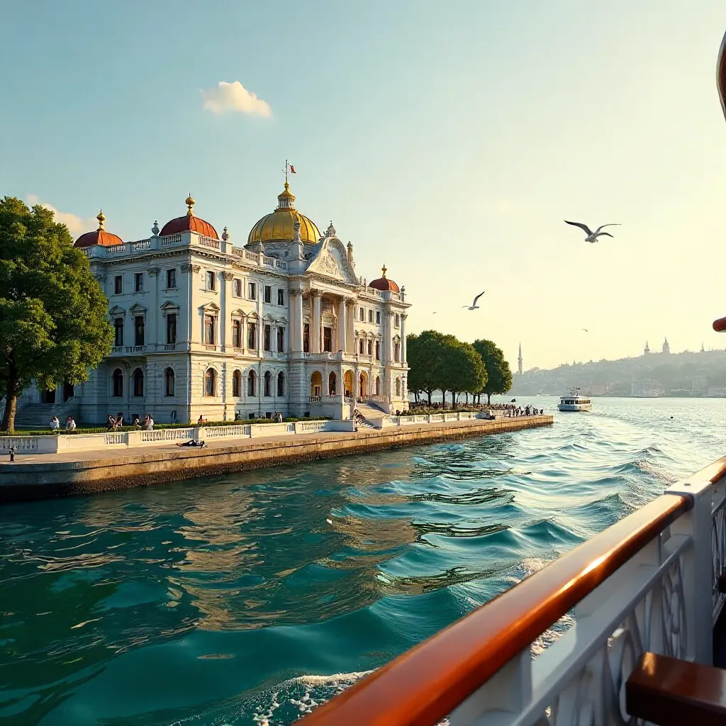 Sunlit Dolmabahçe Palace from the Bosphorus Ferry
