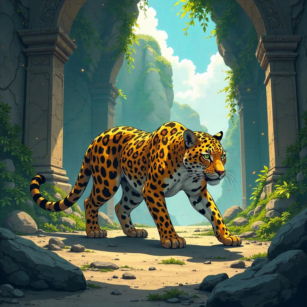 Leopard in Anime Style Amid Crumbling Temple Ruins