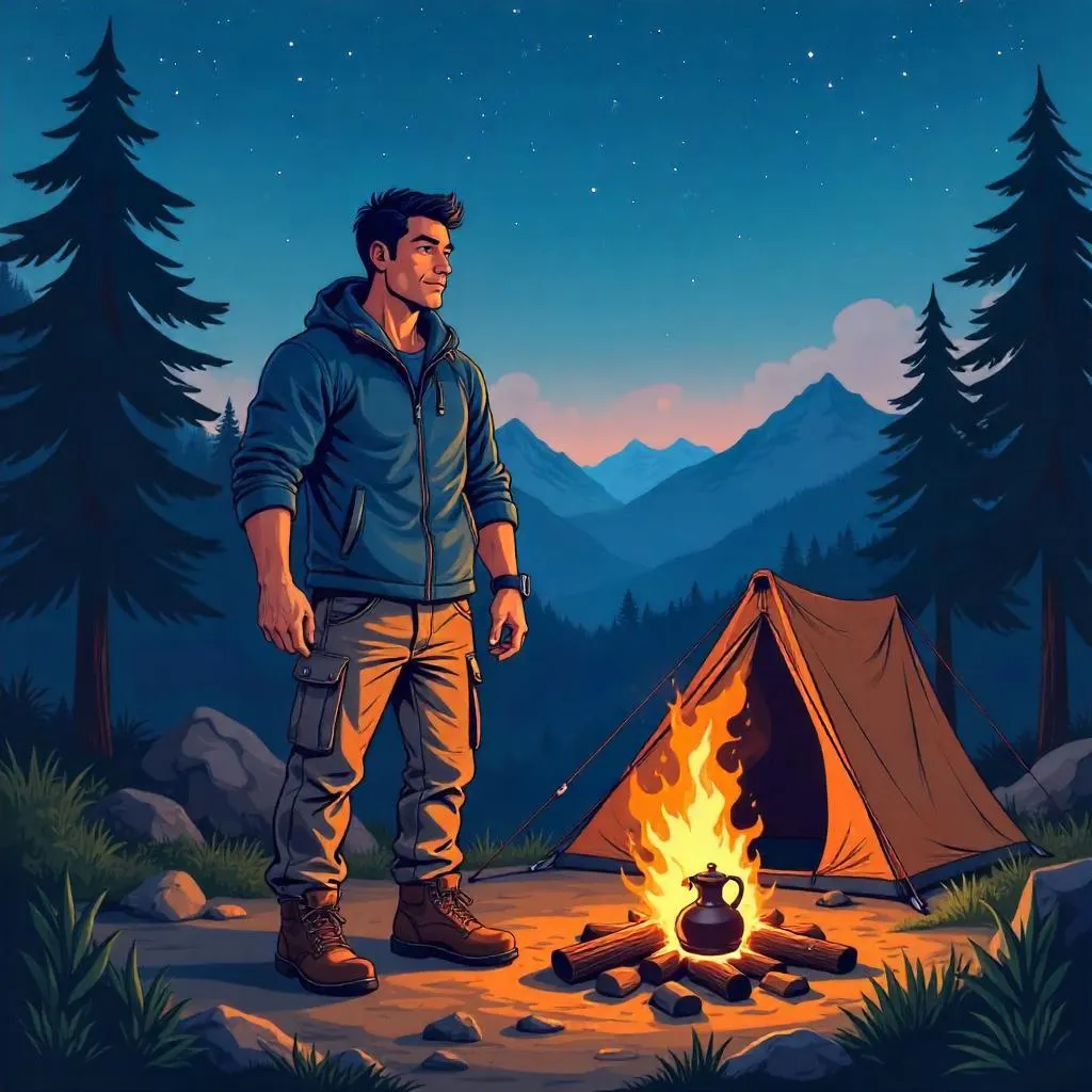 Muscular Asian Man at a Camping Site – Cartoon Scene