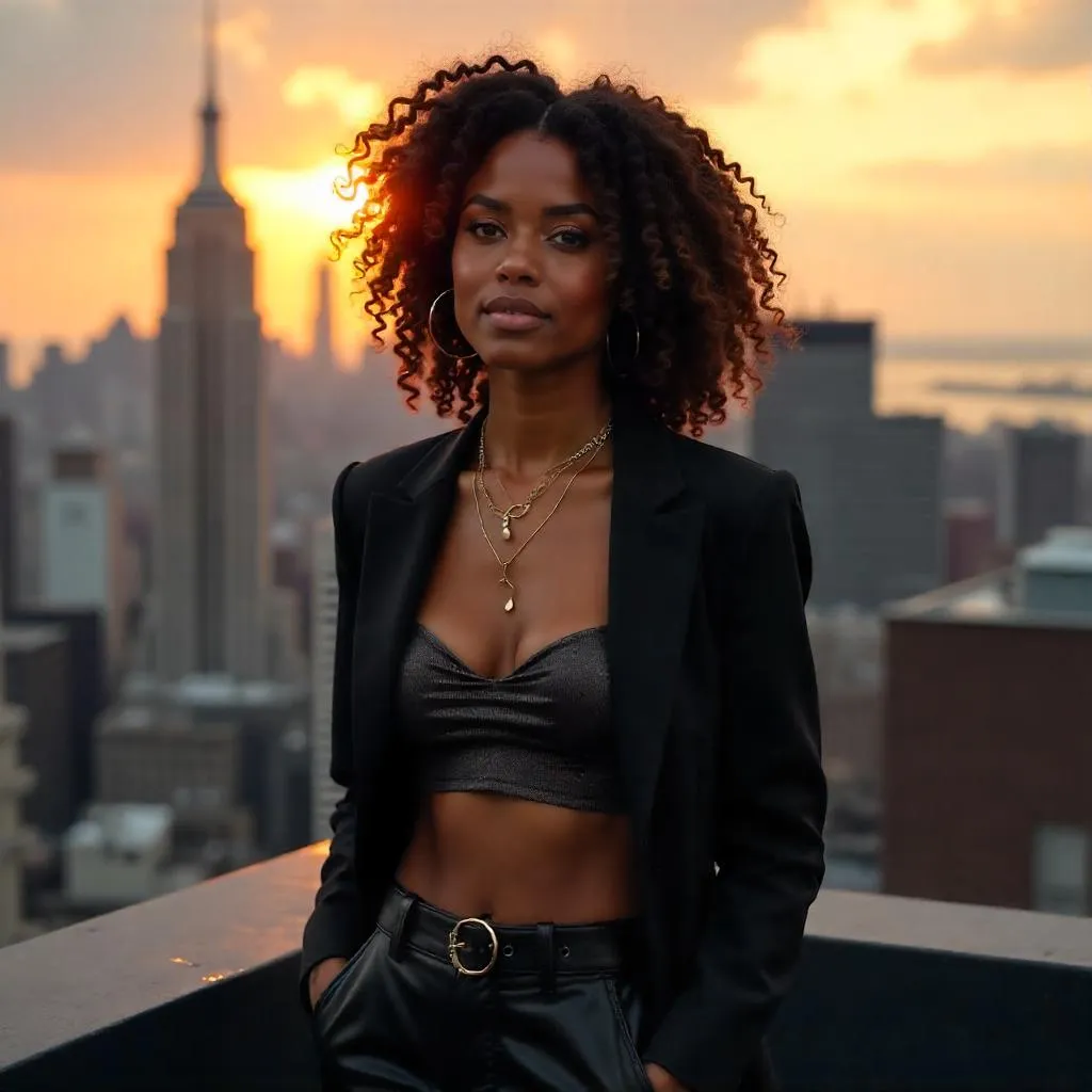 Rooftop Chic: Photorealistic Black Woman at Sunset