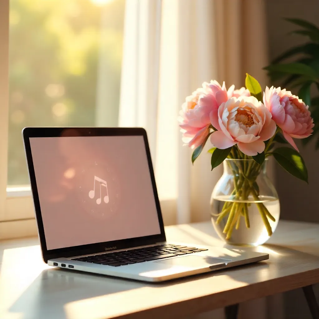 Serene Laptop with Peonies in Soft Light